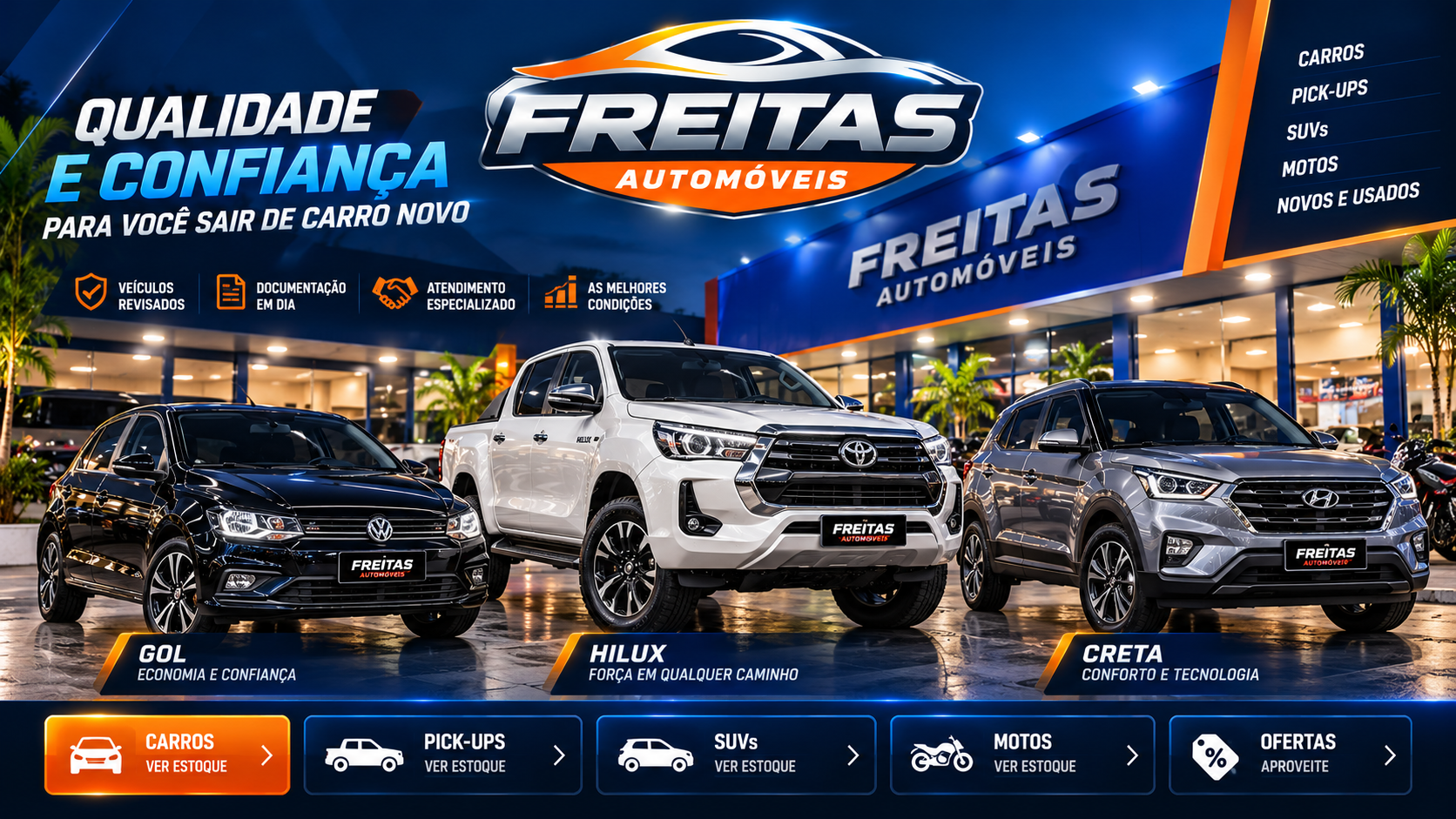 Freitas Automóveis: Gol, Hilux e Creta em destaque, qualidade e confiança